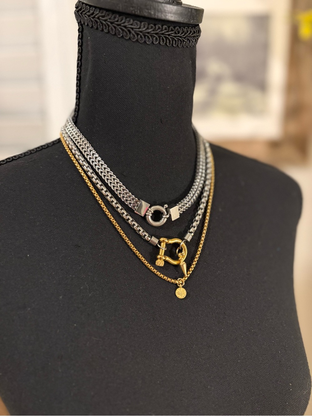 Two-Tone Chain Necklace with Gold Carabiner and Spike Charm - Picture 5 of 5